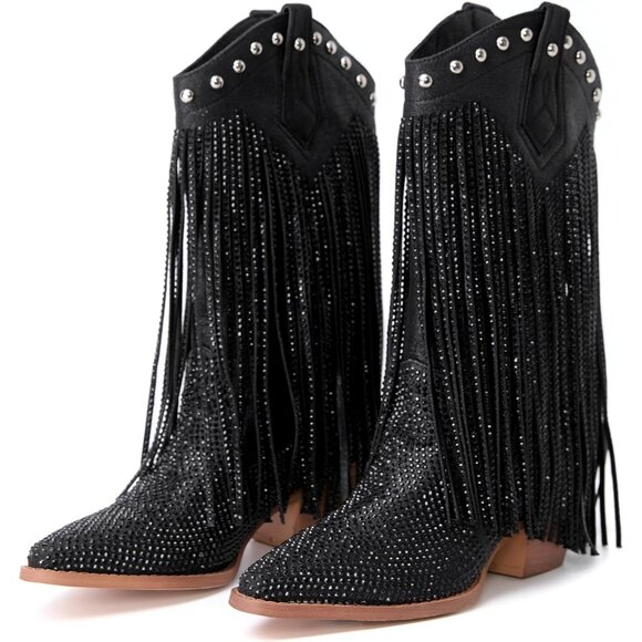 ⚡Women's Black Pointed toe Thick Heel Ankle Boot Ladies Crystal Embroider - Picture 4 of 6